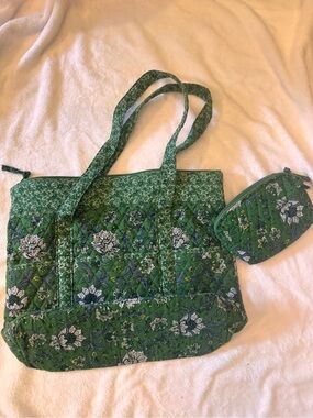 Quilted Green Floral Tote Bag with Matching Pouch